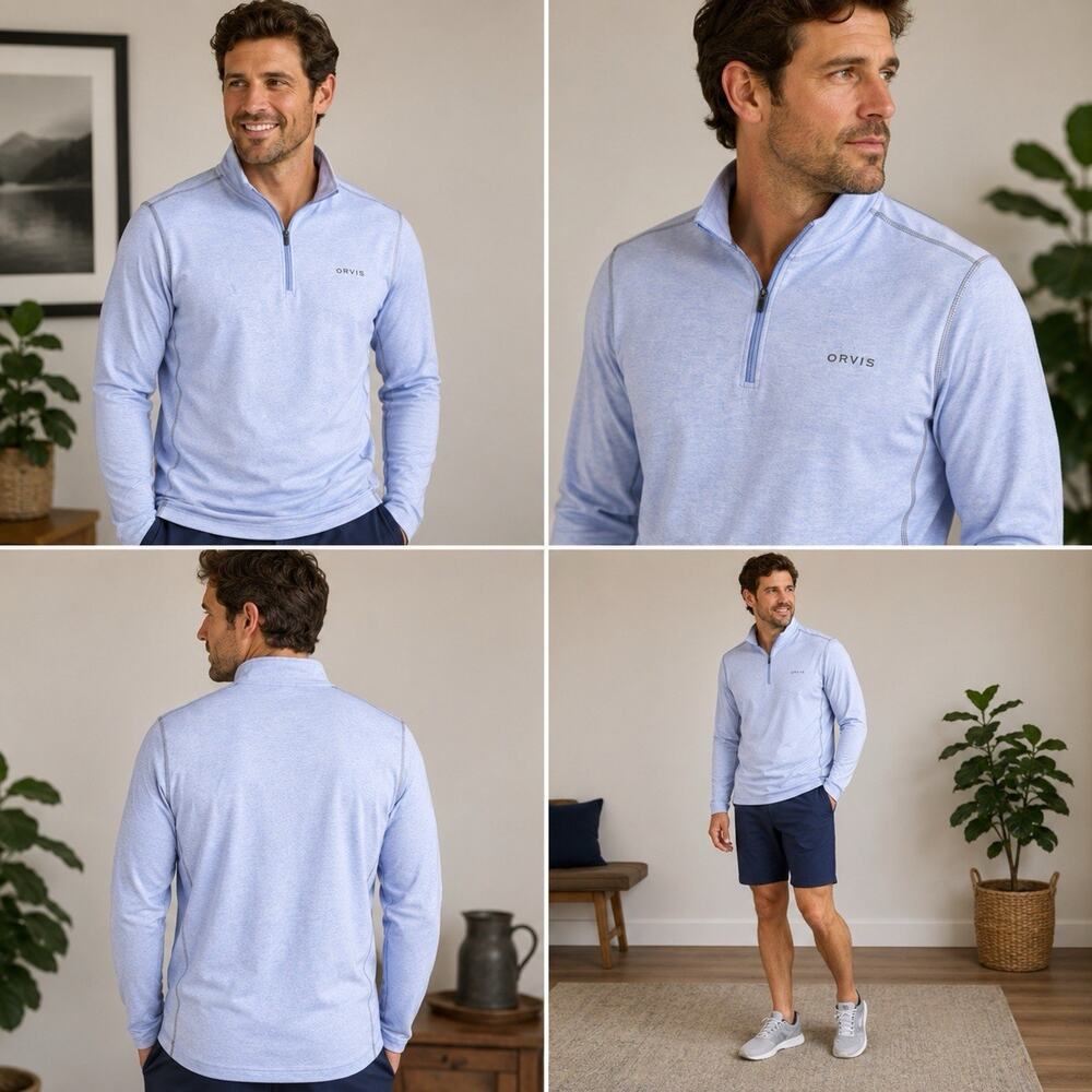 Orvis Quarter Zip Pullover Mens XXL Blue Performance Stretch Lightweight Hiking